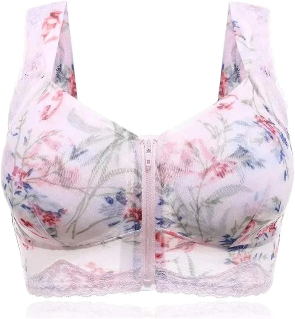 Upright Posture Zipper Wireless Floral Bra For Women