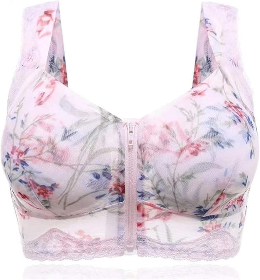 Upright Posture Zipper Wireless Floral Bra For Women