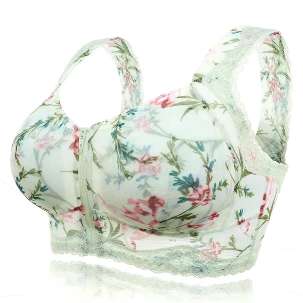 Upright Posture Zipper Wireless Floral Bra For Women